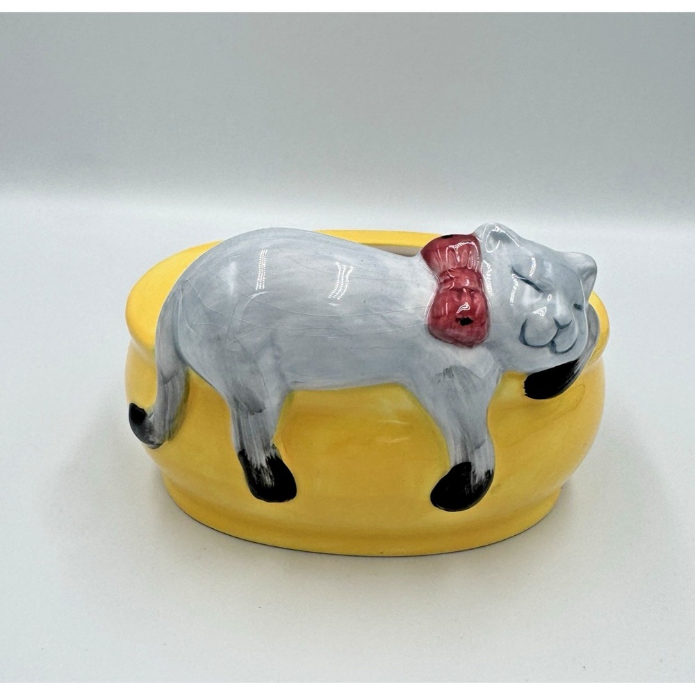 Ceramic Sleeping Gray Cat Planter Trinket Dish Yellow Bowl Red Bow Kitty Decor